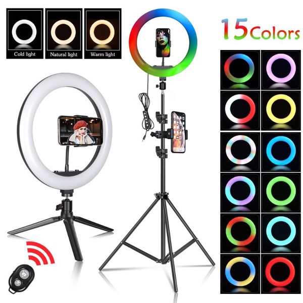 

12"30cm rgb ring light selfie lamp with tripod 15 color led aro de luz para for mobile phone live makeup video flash heads