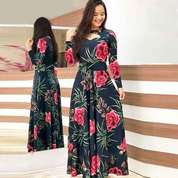 

flower print winter dress woman casual bohemia long sleeve dresses for women elegant plus size maxi vestidos autumn 2021, Black;gray
