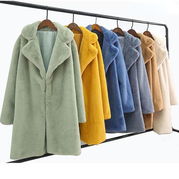 

women's fur & faux 2021 luxury women warm make quality fluffy soft coat outerwear jacket winter ladies long lapel, Black