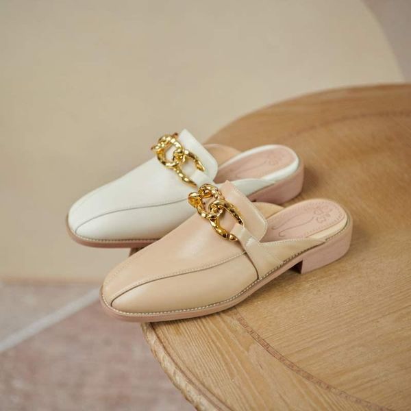 

big size 34-47 genuine leather round toe slip on outside slippers chains slingback casual women summer shoes l3f6, Black