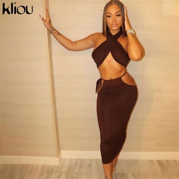 

kliou criss cross solid halter matching set women backless club crop and bandage dress two piece sets party streetwear 210730, White