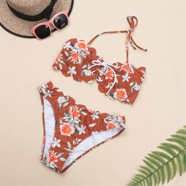 

one-piece suits 2021 bikini swimsuit women swimwear push up bikinis set leaf print female high waist swimming for bathing suit