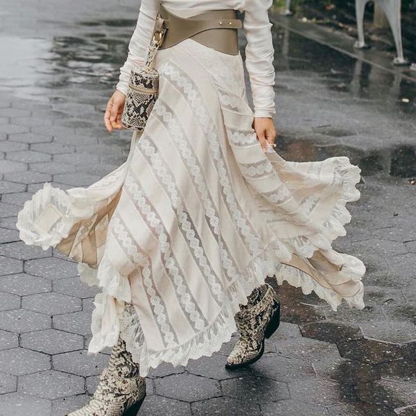 

skirts 2021 autumn/fall lace asymmetric ruffle patchwork women a-line, Black