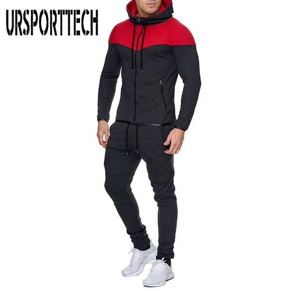 

new brand men's tracksuit autumn casual 2 piece set fashion color block hooded sweatshirt drawstring pants men sportswear suit, Gray