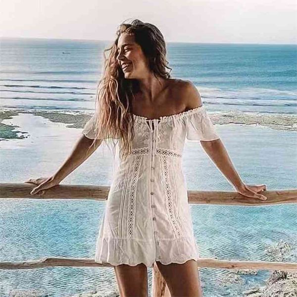 

off shoulder white embriodery dress summer women crochet lace up beach button flare sleeve cotton vestidos 210427, Black;gray