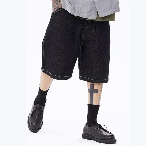 

men's shorts male japan korea streetwear vintage jeans men loose casual straight knee length denim pant, White;black