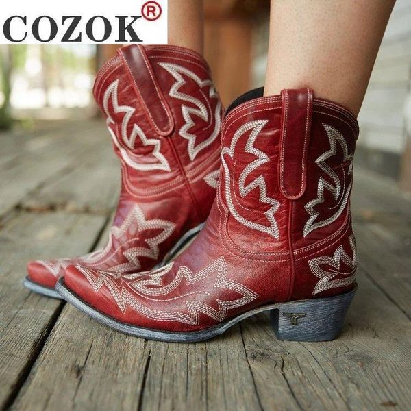 

boots autumn winter casual western cowboy ankle women snake leather cowgirl booties short cossacks botas high heels shoes, Black