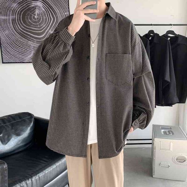 

men's casual shirts spring autumn cotton plaid fashion retro men streetwear korean long sleeve mens dress oo6n, White;black