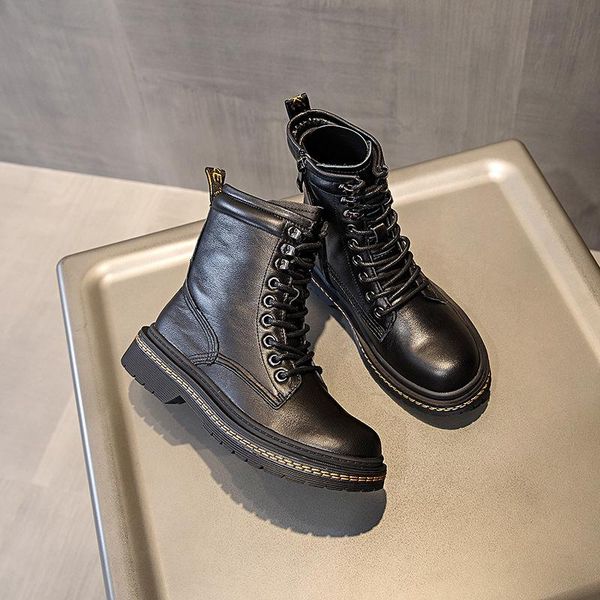 

boots head layer cowhide female thick bottom ins2021 british wind handsome joker black short