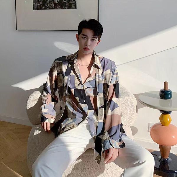 

men's casual shirts 2022 silk smooth satin loose long sleeve korean style fashion trend printing -2xl, White;black