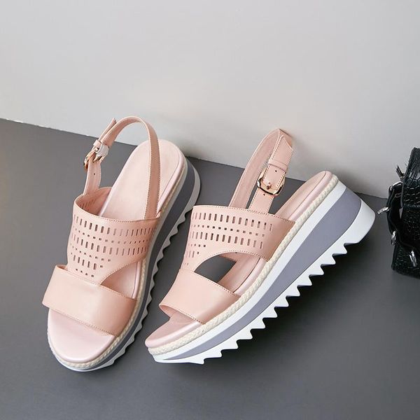 

women's genuine leather wedge platform sandals brand designer hold breathable summer leisure comfortable sandalias shoes white, Black