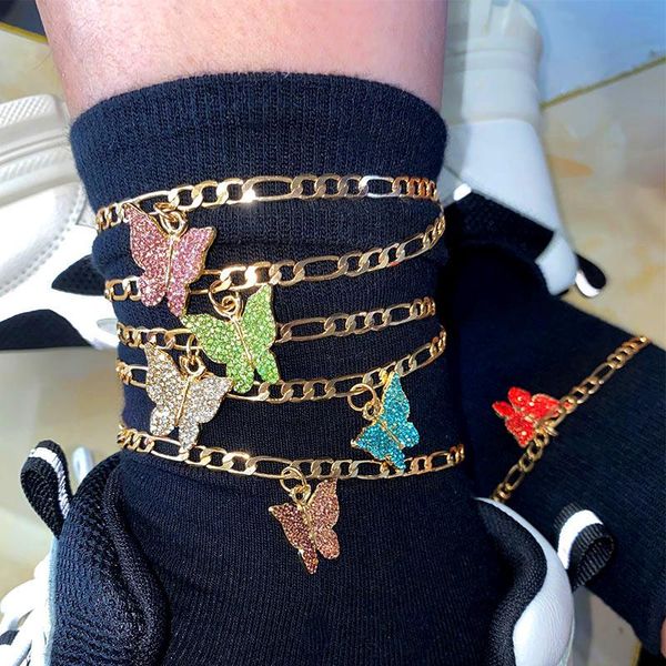 

anklets bynouck trendy 2pc crystal butterfly pendant anklet for women golden charms foot bracelet adjustable jewelry gifts, Red;blue