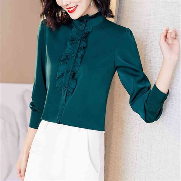 

korean silk satin women shirts long sleeve ruffles vintage basic, White