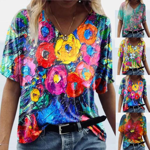 

fashion women v-neck flower print tee shirts clothing plus size graphic summer short sleeve casual loose t-shirt #t1q women's, White