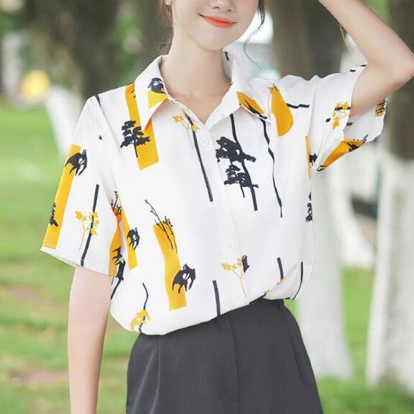 

fashion women blouses casual short sleeve printed turn-down button ladies shirts blusas mujer de moda 2021 primavera 9.13 women's &, White