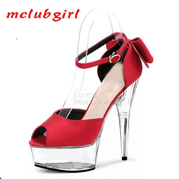 

mclubgirl 15cm heels color matching fish mouth bow buckle sandals with thin super high red bridal wedding shoes lyp, Black