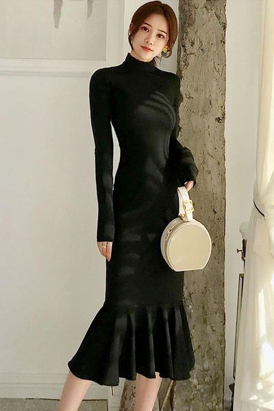 

autumn ladies temperament half high neck slim black dress office lady knitting cotton polyester sheath casual dresses, Black;gray