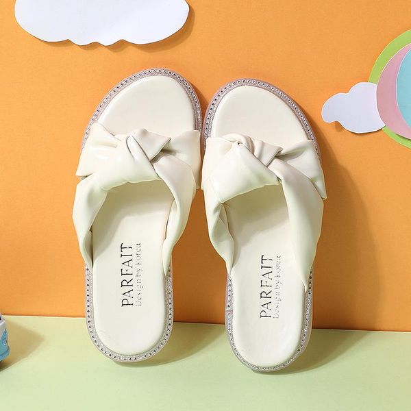 

slipper korean children' slippers 2021 summer bow soft bottom fashion girls one-word drag net red sandals and size 26-36, Black;grey