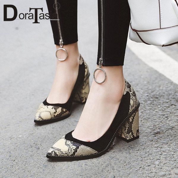 

dress shoes doratasia fashion female pumps spring casual women snake print mixed color sewing pointed toe high heels woman, Black