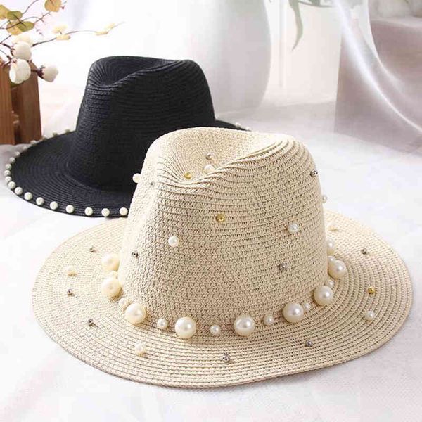 

wide brim hats ozyc fashion summer british pearl beading flat brimmed straw hat shading sun lady fashion beach jazz for women ujg3, Blue;gray
