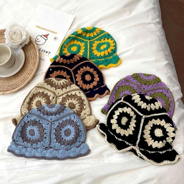 

beanies hollow flower knitted fisherman hats for women handmade crochet color matching basin hat spring and summer sunscreen sun gorro