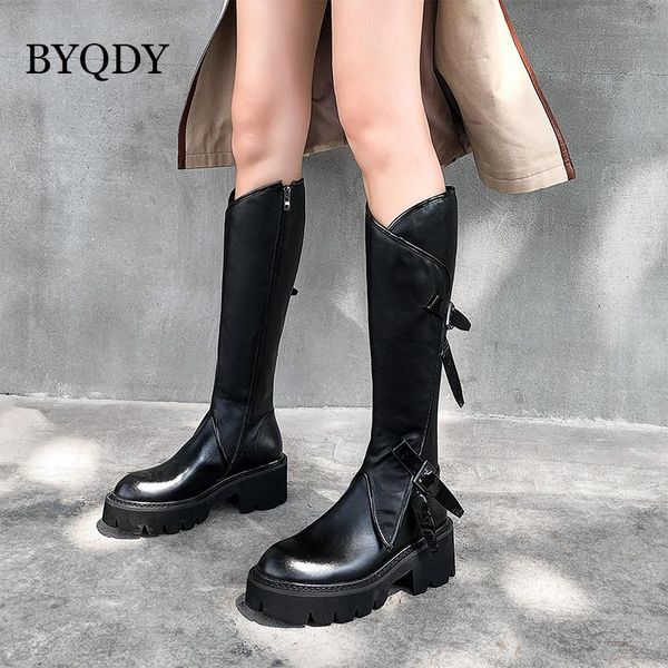 

boots byqdy fashion buckle knee high woman genuine cow leather side zipper round toe lady winter long handmade for girls, Black