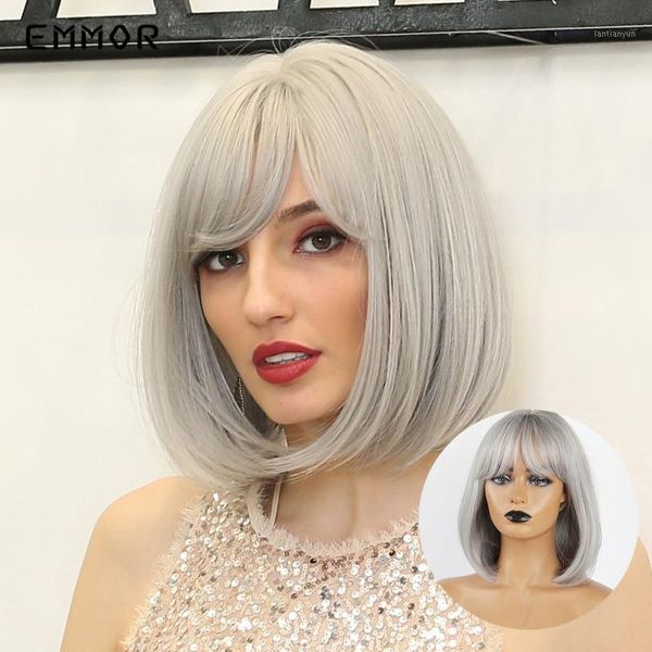 

silver grey bob medium length synthetic wigs with bangs for women beige straight bobo soft cosplay heat resistant1, Black