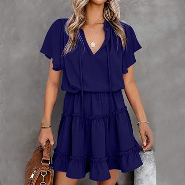 

v-neck solid ruffles beach dresses for woman a-line pleated short dress casual sleeve mini women 2021 summer #tg, Black;gray