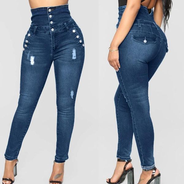 

high waist ripped jeans for women slim stretch four-breasted denim jean bodycon tassel skinny push up pencil woman women's, Blue