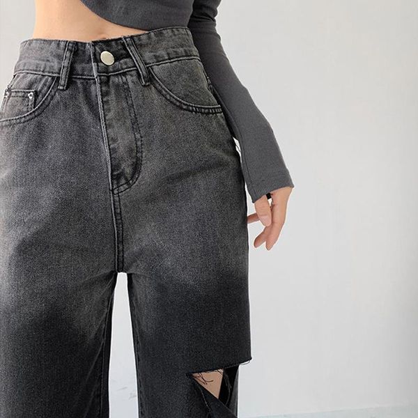 

women's jeans high waist ripped for women retro gradient straight leg denim pants trousers female streetwear style, Blue