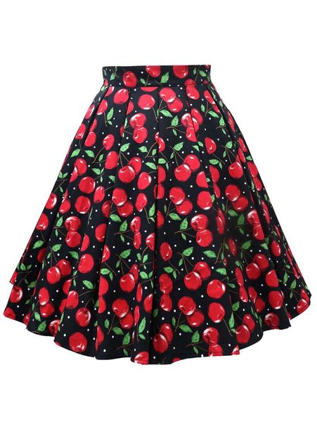 

skirts kenancy women plus size l-5xl cherry print midi skirt high waist vintage skater faldas mujer cotton spring a-line party, Black