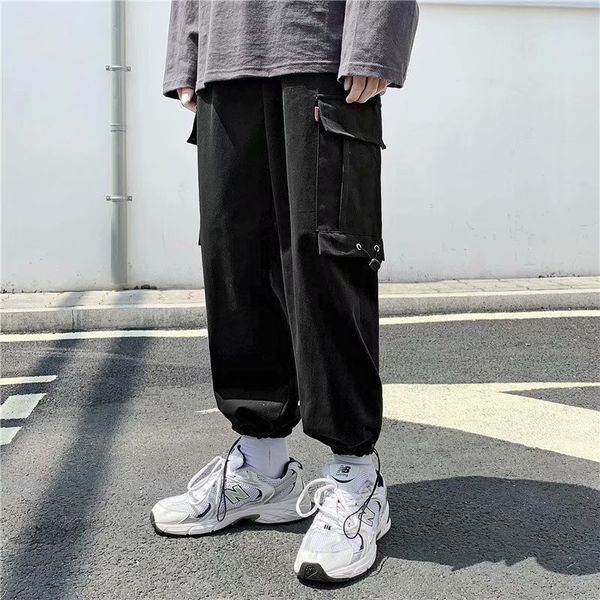 

summer korean version of the trendy brand overalls for boys straight loose functional casual pants thin drawstring waist nine-point pants, Black