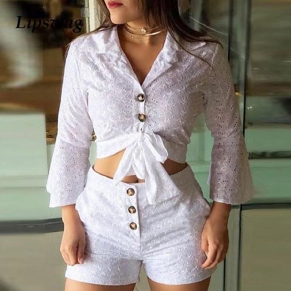 

women's tracksuits summer elegant women two piece sets fashion flare sleeve and slim button shorts suits office ladies outfits chic st, Gray
