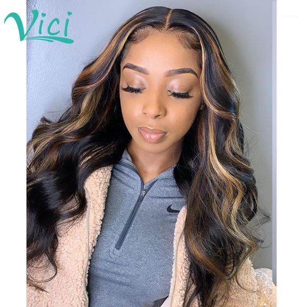 

honey blonde brown highlight wig body wave lace front 1b 27 ombre human hair wigs for women 150% 13x4 frontal1, Black;brown