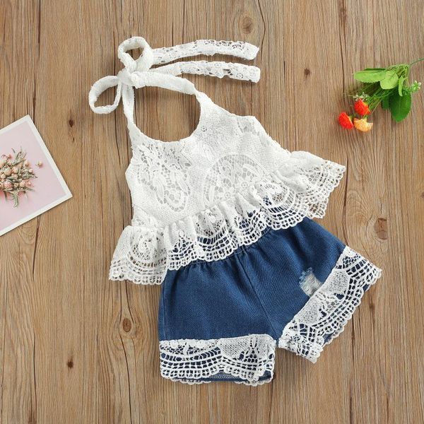 

0-6y kids baby girls clothes set 2021 summer children halter sleeveless ruffle and lace stitching denim shorts outfits clothing sets, White