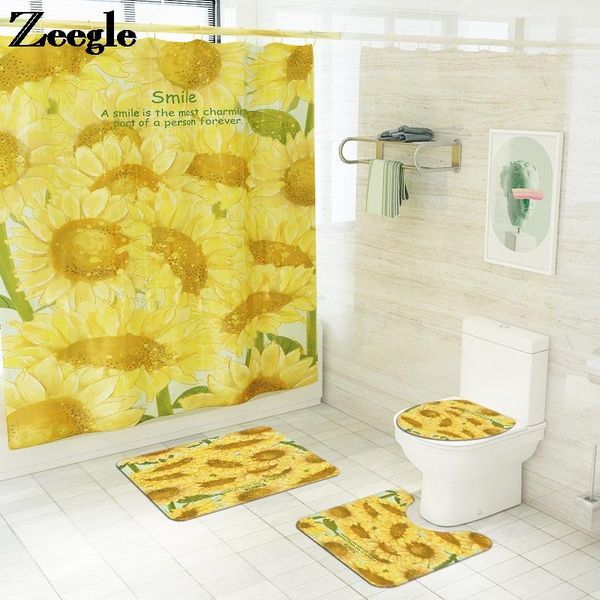 

anti-slip bath mat and polyester waterproof shower curtain set flower printed toilet mats bathroom carpet rug absorbent foot