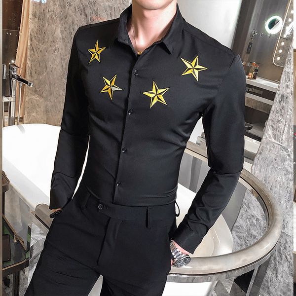 

men's casual shirts estilo britnico 5xl-s plus size manga comprida bordados camisas para roupas masculinas simples fino ajuste prom str, White;black