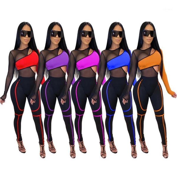 

women's tracksuits women fashion 2-piece outfit set long sleeve mesh patchwork bodysuit and pants, Gray