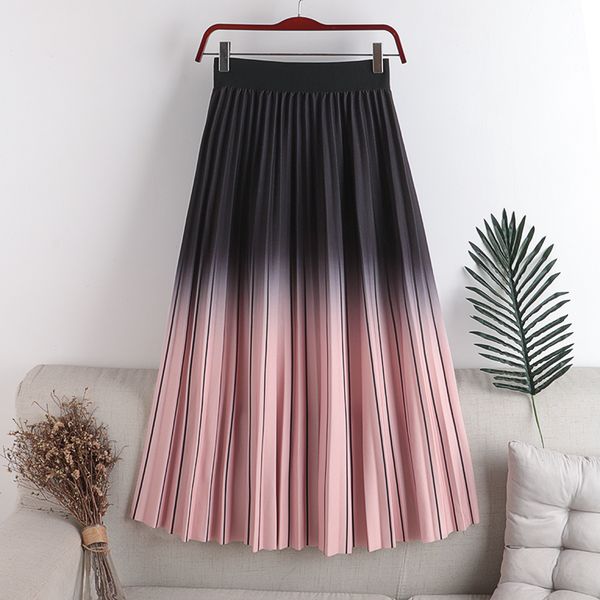 

skirts autumn candy gradient color thick long elastic waist a-line rainbow vertical striped maxi 3xu4, Black