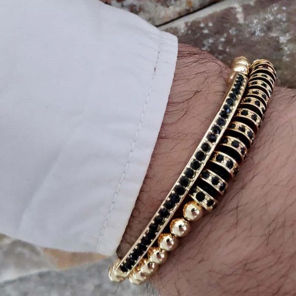 

charm bracelets 2pcs/lot luxury micro pave cz crown tube sets for mens women brading beaded bracelet homme jewelry valentine gift, Golden;silver