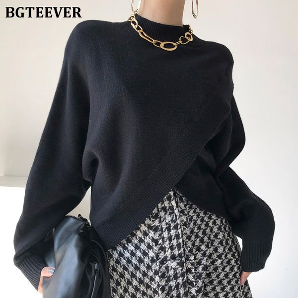 

bgteever stylish criss-cross knitted jumpers 2021 autumn winter half turtleneck women sweater pullovers loose female knit, Black