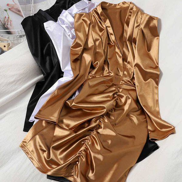 

deep v-neck white/golden satin dress wommen autumn party long sleeve draped bodycon vestidos fashion female robe 2020 new y0603, Black;gray