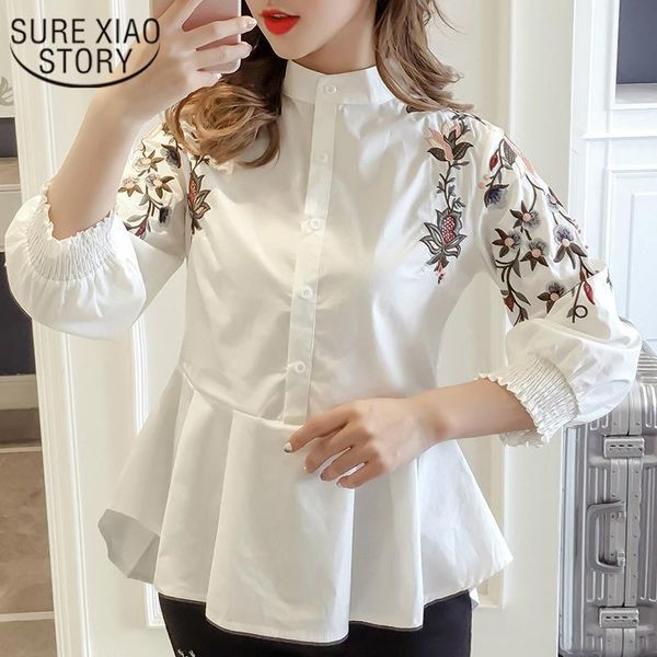 

womens shirt autumn women fashion sweet blouse full embroidery floral mandarin collar casual preppy style shirts 1377 45, White