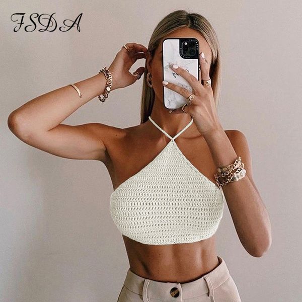 

2021 knitted halter neck crop women off shoulder backless casual summer white brown y2k sleeveless tank sexy, Black;white