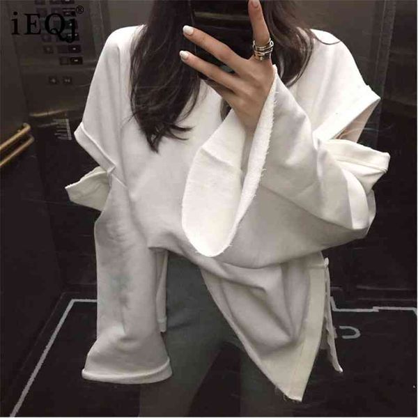 

[ieqj] spring summer round collar style batwing sleeve white patchwork pullvoers casual loose sweatshirt women ad321 210728, Black
