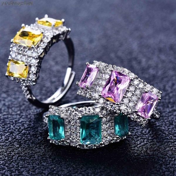 

wedding rings bohemian vintage finger square pink yellow/green cubic zircon jewelry women's engagement eternity ring gift, Slivery;golden