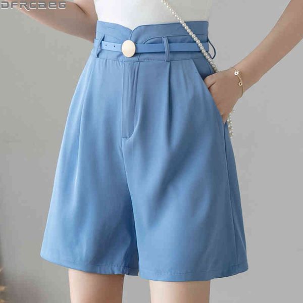 

women's shorts summer casual bermuda for women belt high waist woman loose wide leg short femme blue black white purple lb0b, White;black