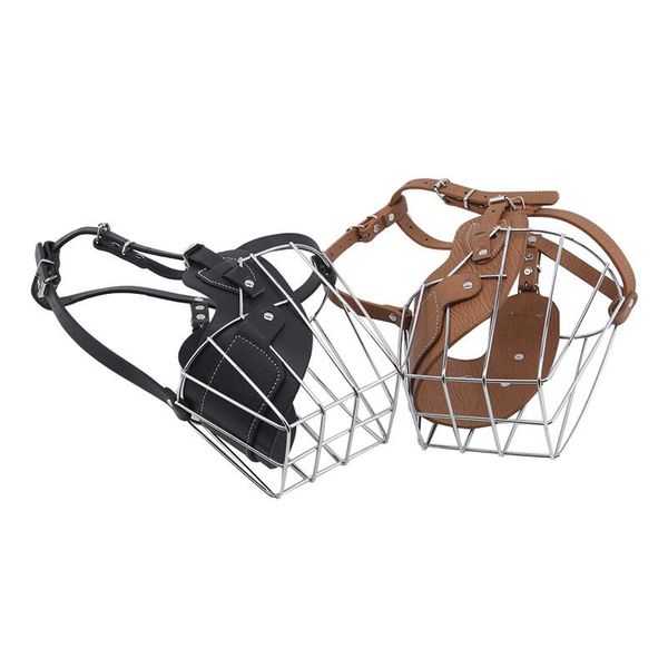 

black / brown strong metal dog muzzle cover anti-bite anti-call leather pet training accessories car seat covers