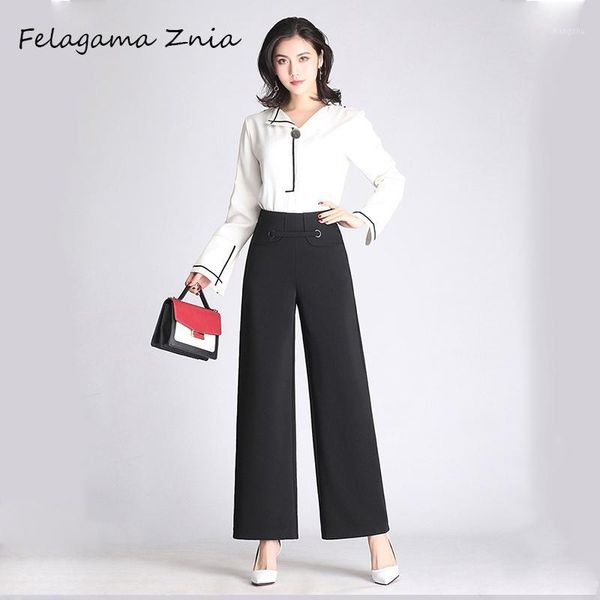 

women's pants & capris felagama znia women high waist wide leg office lady trousers button long loose autumn casual, Black;white