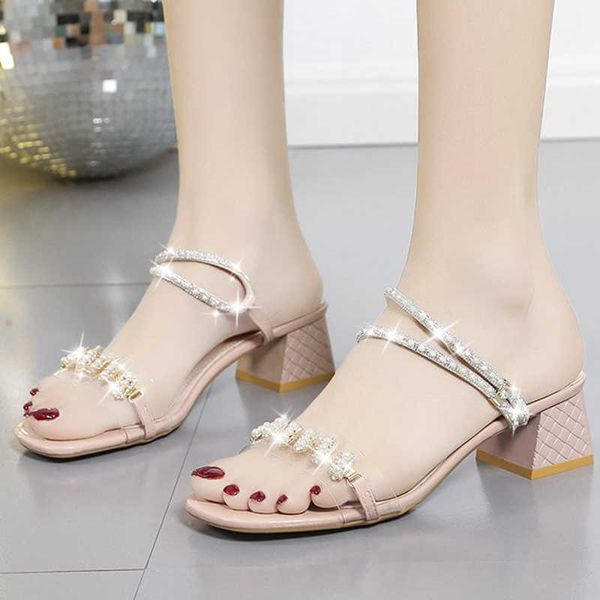 

rimocy summer pearl transparent pvc sandals women crystal strap square heel slippers woman outdoor non slip party sandalias 210528, Black